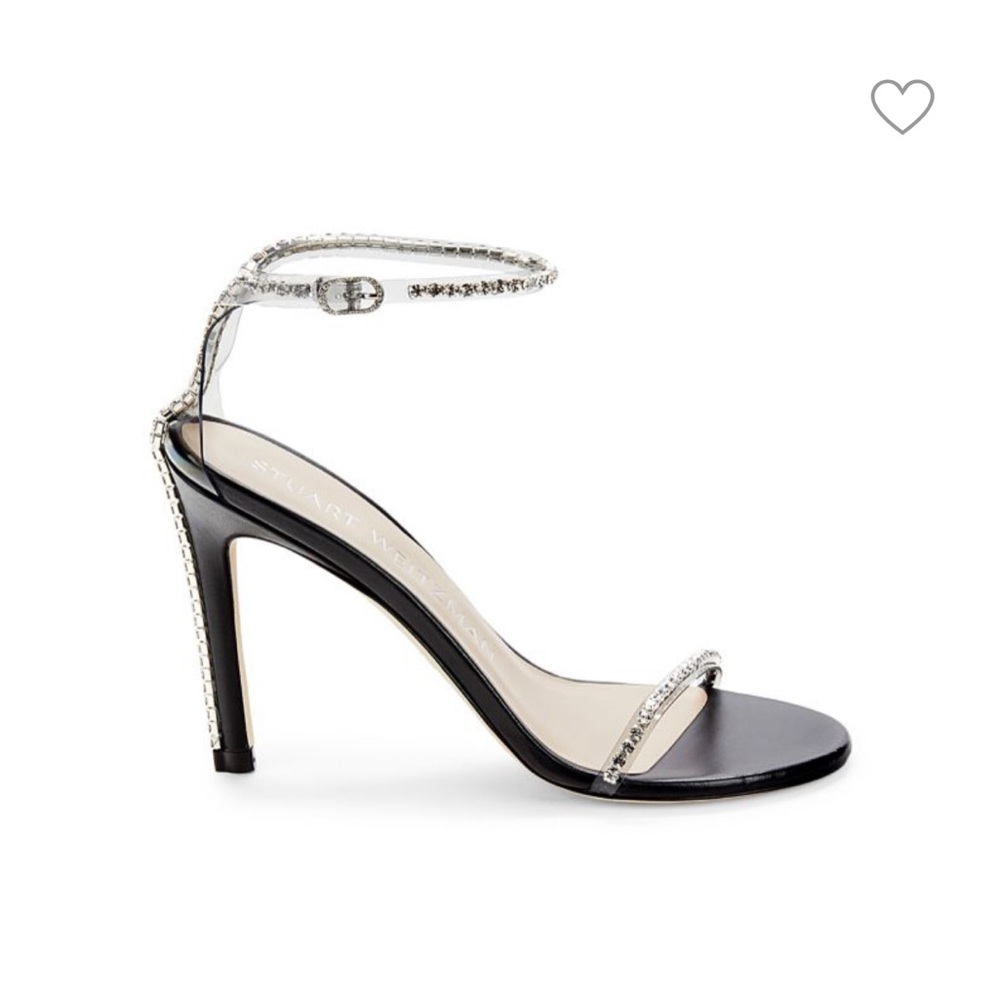 Stuart Weitzman Black Satin Ankle-Strap Sandals with Silver Rhinestones